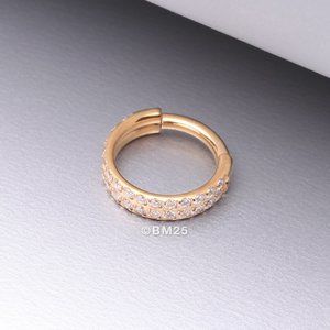 Implant Grade Titanium Golden Double Lined Gems Seamless Clicker Ring - 10mm